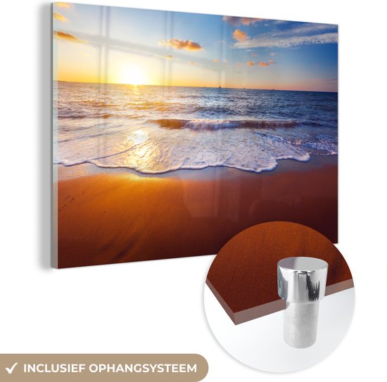 Glasschilderij - Foto op glas - Strand - Zee - Zon - Horizon - Schilderij strand - Wanddecoratie natuur - Acrylglas - Schilderij glas - 90x60 cm - Schilderijen woonkamer