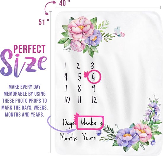 Stand Tall Accessoires Baby Mijlpaal Deken Maandelijkse Mijlpaal Deken, Foto Deken voor Babyfoto's, voor Baby Shower, Premium Zacht Fleece, Groot 129x102 (Flowers)
