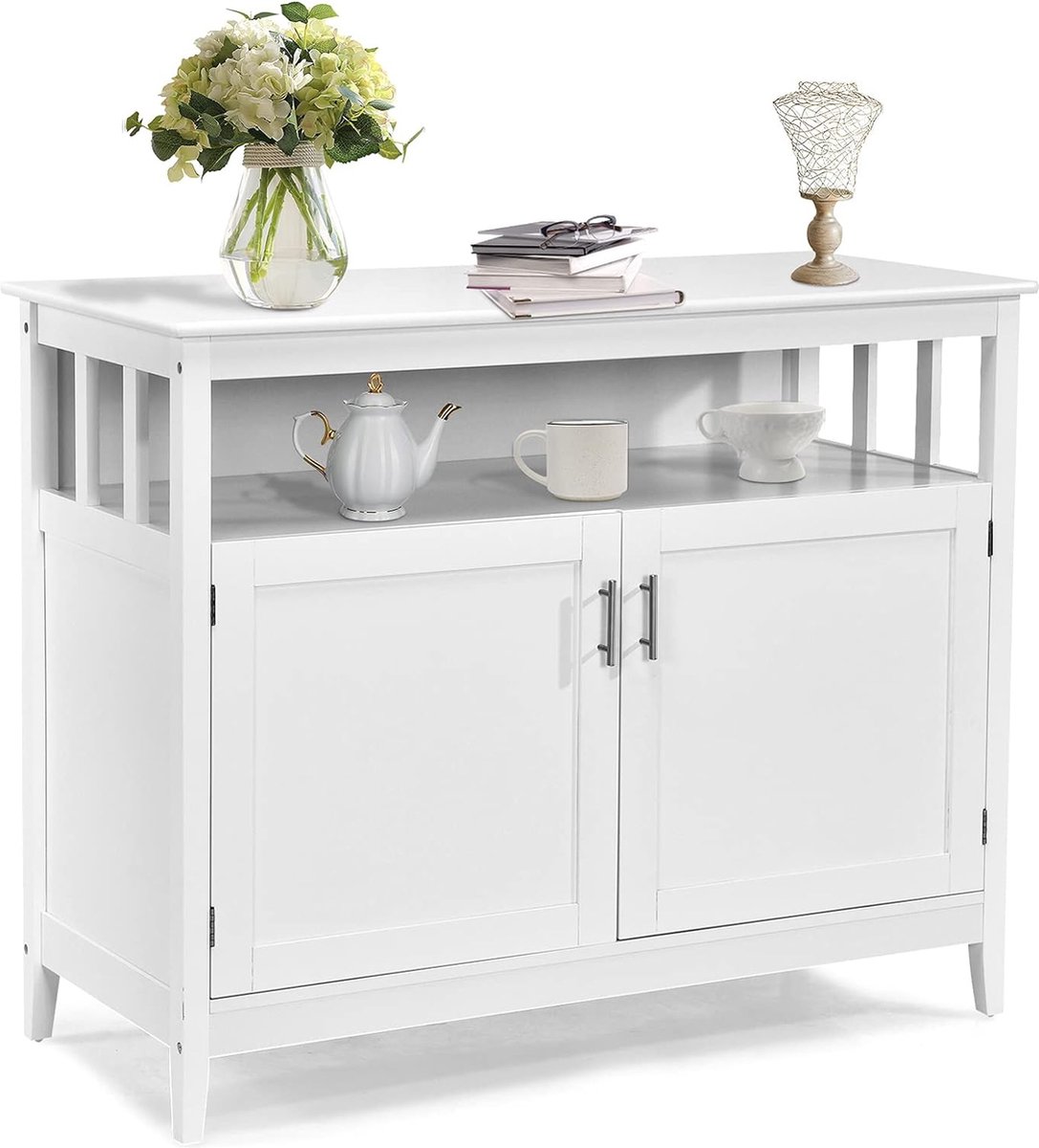 COSTWAY Sideboard, 140 cm, keukenkast met 3 laden, 2 glazen deuren en verstelbare planken, buffetkast, keukenbuffet, landelijke stijl, opbergkast voor keuken, eetkamer, hout (wit COSTWAY Sideboard, 140 cm, keukenkast met 3 laden, 2 glazen deuren en verstelbare planken, buffetkast, keukenbuffet, landelijke stijl, opbergkast voor keuken, eetkamer, hout (wit