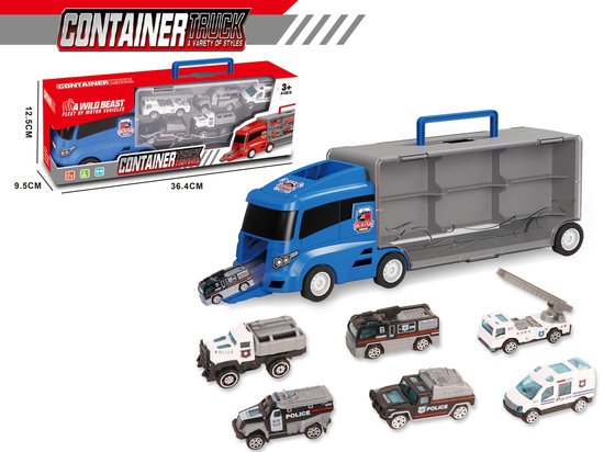 Container Truck - Politie vrachtwagen transporter - 6-delig koffer set - 36.4 cm