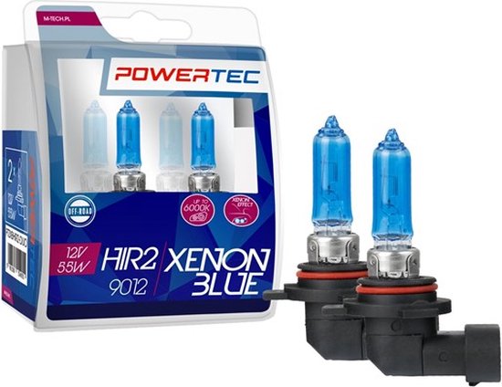 Twee Powertec HIR2 Xenon Blue 12V 55W lampen voor de auto, naast de verpakking.