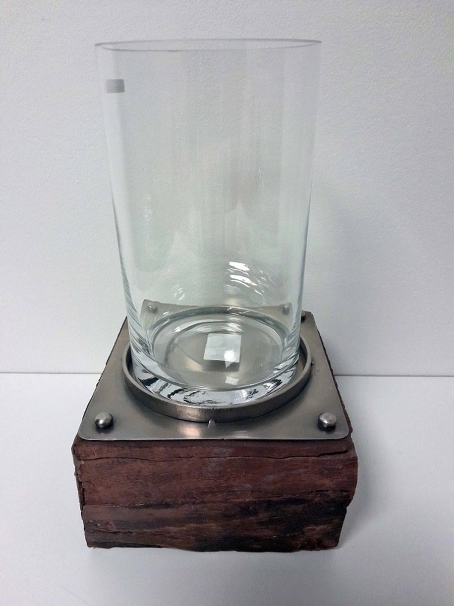 Boltze Windlicht - 16x30cm - Blok - industrieel - Glas - RVS - Hout Ø 12cm. bruin