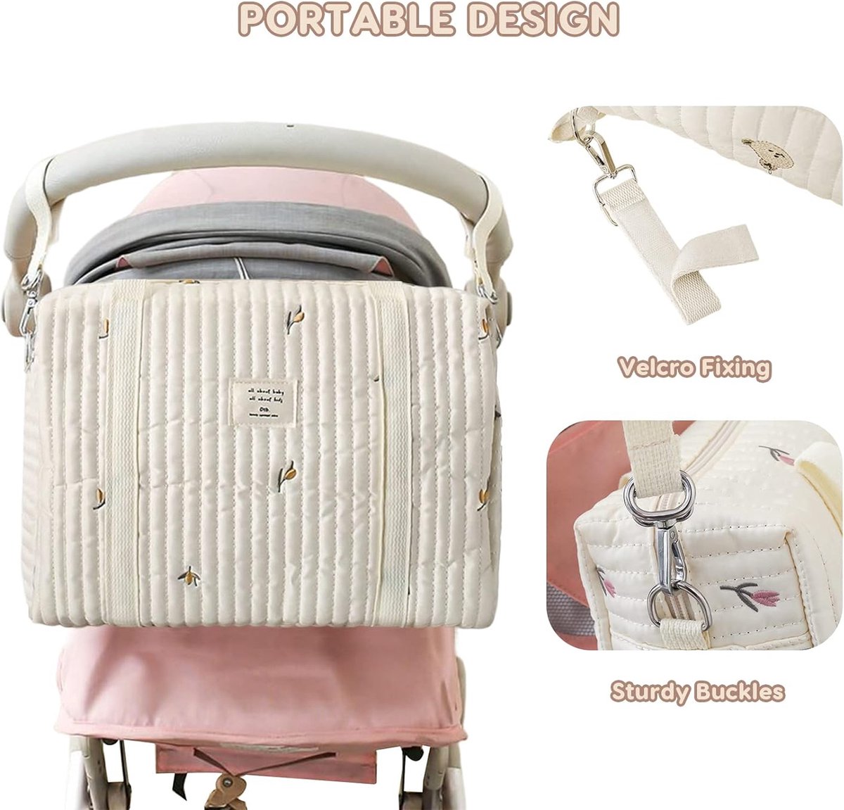 Borduurwerk Baby Verzorgingstas, Stijlvolle Grote Capaciteit Katoenen Reis Verzorgingstas, Draagtas, Handtas, Draagbare Lichtgewicht Babytas, Mama Tas met Kinderwagenhaak (Olijf) thumbnail 3