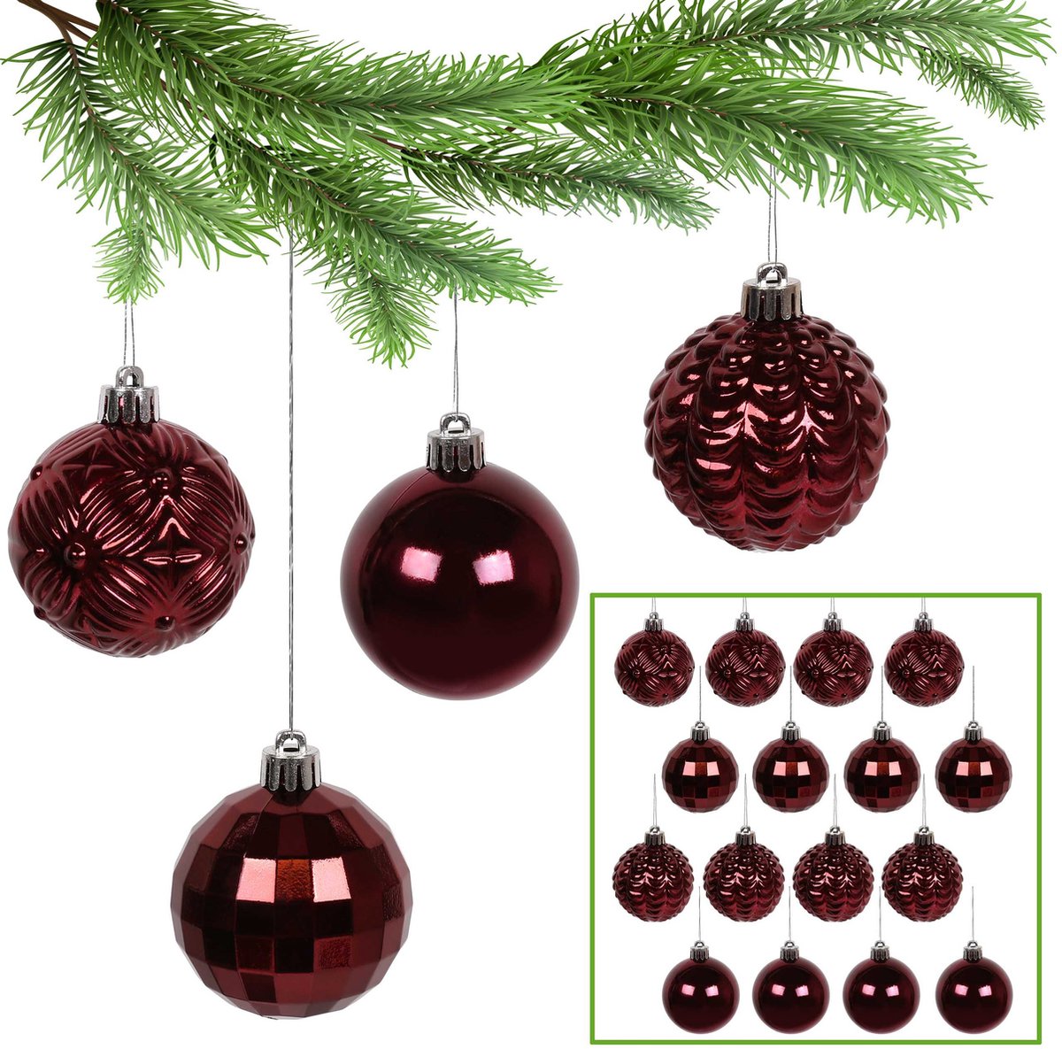 Maroon kerstballen, kerstballen set, kerstboom ornamenten 6cm, 16 stuks.