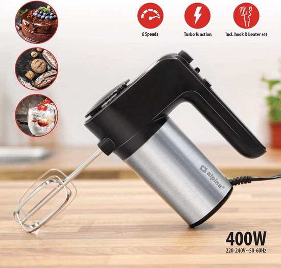 alpina Elektrische Handmixer - 230 V - 6 Snelheidsstanden - Elektrische Mixer - 400 W - 2 Gardes en 2 Deeghaken - met Opbergstandaard - Keukenmixer - ABS/ RVS - Zwart van Alpina — afbeelding 5