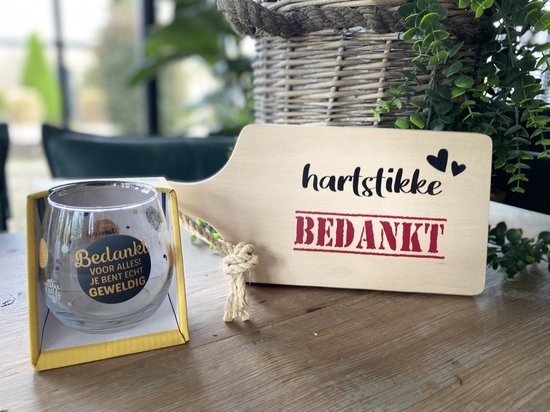 Creaties van Hier - serveerplankje -bedankt met glas - 35 cm - hout - glas