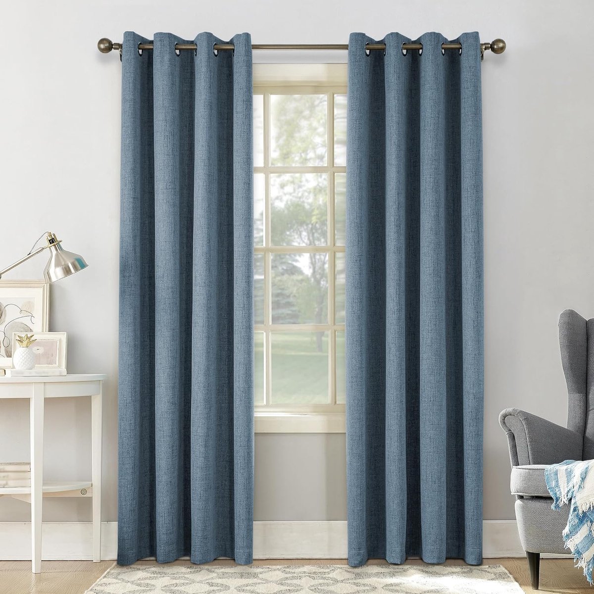 100% verduisteringsgordijnen met inslagringen, zonwering, thermo-linnen gordijn met inslagringen, voor woonkamer, slaapkamer, hemelsblauw, H 225 x B 140 cm, set van 2