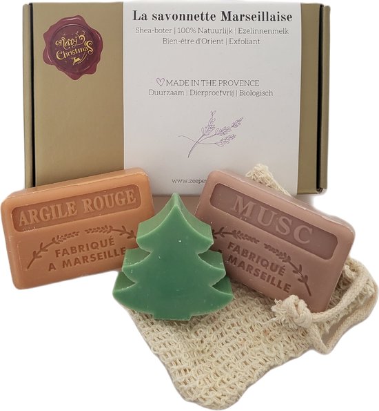 Kerst cadeau box zeep met Rode klei, Musc, Kerstboom & Sisal zeepzakje