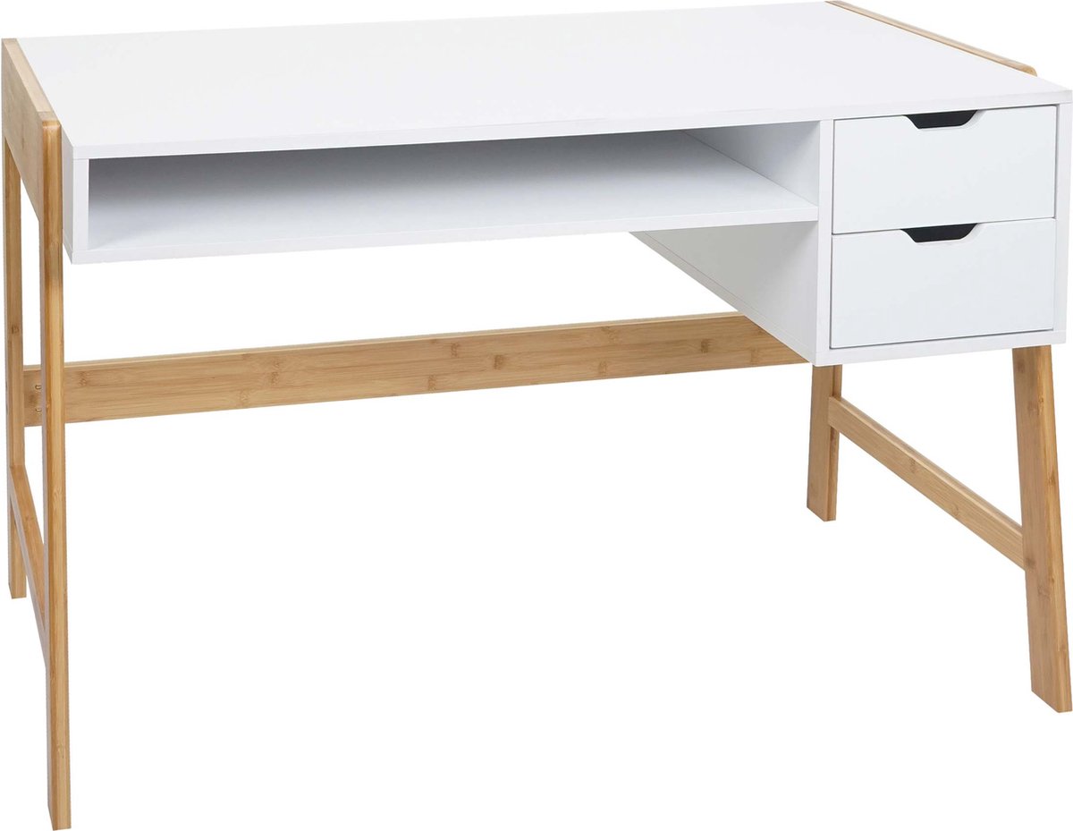 MCW Bureau MCW-K12, bureau computerbureau werktafel, lade, bamboe 76x115x58cm ~ wit