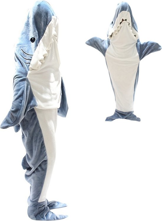 Hoodie Deken Met Mouwen - Fleece Blanket - Dames - Heren - Kinderen - Plaid - Knuffeldeken - Onesie - Extra Zacht & Warm - Haai - Maat L