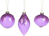 Paarse Kerstballen Transparant met Pailletten en Glitters - set van 3 verschillend gevormde kerstballen van glas - 8 cm - Goodwill