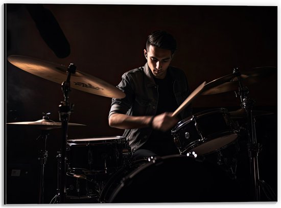 Dibond - Man - Drummen - Muziek - Donker - Hobby - 40x30 cm Foto op Aluminium (Met Ophangsysteem)