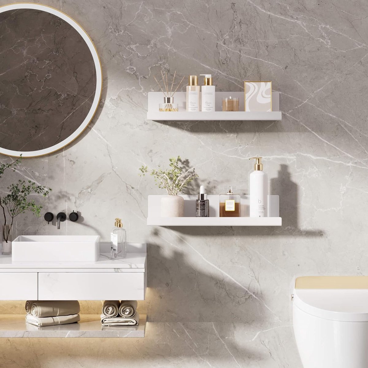 Godimerhea Lot De 2 étagères Murales Flottantes Blanches à Fixation Murale, étagère Murale Décorative Moderne En Bois Neutre Avec Supports En Métal Noir Pour Salle De Bain, Salon, 57 Cm