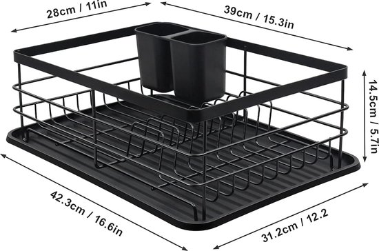 Simplywire Afdruiprek Voor Borden - Met Bestekhouder En Lekbak, Zwart, Ruimtebesparend