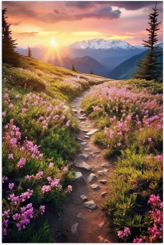 Poster Glanzend – Zon - Bergen - Bloemen - Pad - Kleuren - 80x120 cm Foto op Posterpapier met Glanzende Afwerking
