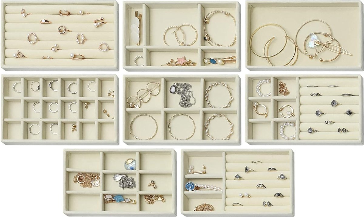 8 stuks sieradentrays, sieradenorganizer voor lade, sieradenopslag voor oorbellen, ring, armband, halskettingen, beige