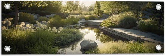 Tuinposter – Water - Stenen - Bloemen - Planten - Bomen - 60x20 cm Foto op Tuinposter (wanddecoratie voor buiten en binnen)