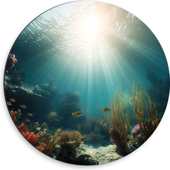 Dibond Muurcirkel - Zee - Onderwater - Zon - Vissen - Koraal - 50x50 cm Foto op Aluminium Muurcirkel (met ophangsysteem)