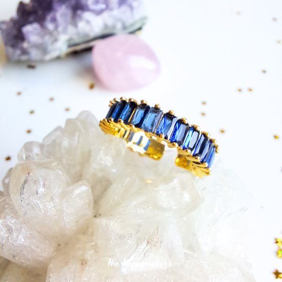 Ring stainless steel ''zirkoon stone blue'' verstelbaar, one size ring, goudkleurig, waterproof, verstelbare ring, cadeau