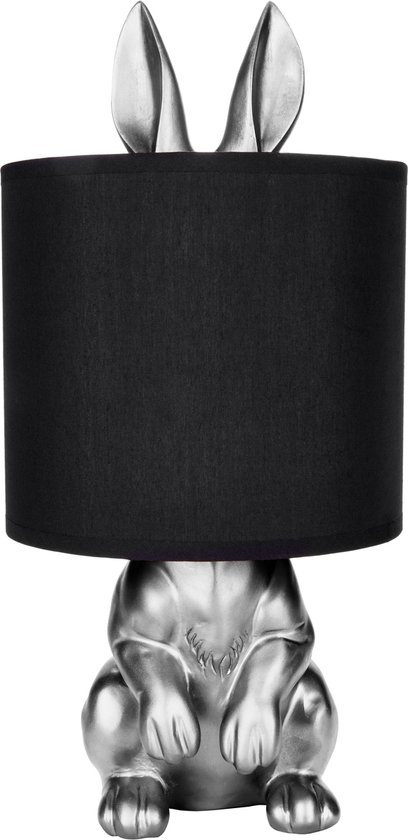 BRUBAKER Tafel- of Nachtlamp Zilver Konijn - Tafellamp met Keramische Voet en Stoffen Kap - 42 cm Hoog, Zwart Zilver