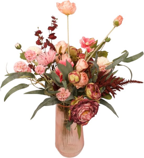 WinQ -Veldboeket zijden bloemen compleet gebonden geleverd (zonder Vaas)- Kunstbloemen in een mooie Rood/ Roze kleur styling - Gebonden Veldboeket compleet