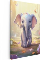 Artaza Canvas Schilderij Baby Olifant met Vlinders - 80x120 - Groot - Foto Op Canvas - Wanddecoratie Woonkamer