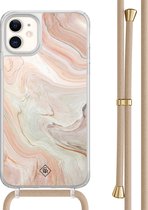 Casimoda® hoesje met beige koord - Geschikt voor iPhone 11 - Marmer Waves - Afneembaar koord - TPU/acryl - Bruin/beige
