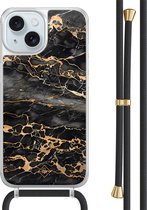Casimoda® hoesje met zwart koord - Geschikt voor iPhone 15 - Marmer Grijs Brons - Afneembaar koord - TPU/acryl - Zwart