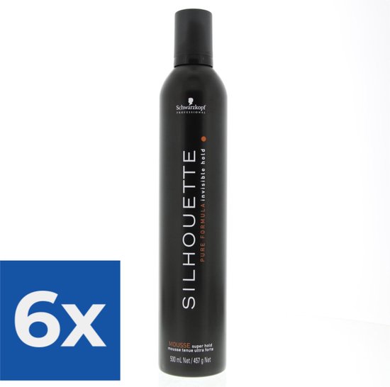 Zes zwarte flacons Schwarzkopf Silhouette Mousse met "PURE FORMULA invisible hold" en "MOUSSE hold mousse tenue ultra forte" erop.