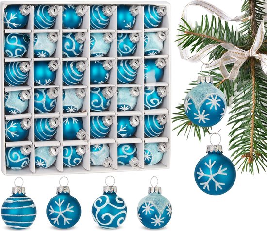 BRUBAKER 36-Delige Set Kerstballen Met 3 Cm Boomballen - Met De Hand Gedecoreerde Kerstboomversieringen Mini-Kerstballen Voor De Kerstboom En Kerstversiering - Kerstboomballen Van Glas – Blauw