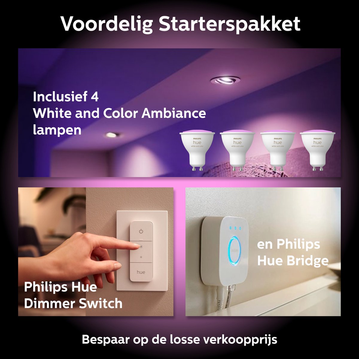 Philips Hue GU10 Starterspakket - 4 Lampen met Bridge thumbnail 3