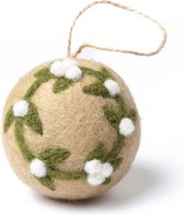 Boule de Noël en Feutre - Gui Grand Rond - Beige & Vert & Wit - 8cm - Fairtrade