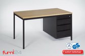 Furni24 Bureau - computertafel - werktafel - tafel met ladekast onder bureau met 3 laden, 180 cm x 80 cm x 75 cm, zwart RAL 9005 / beuk