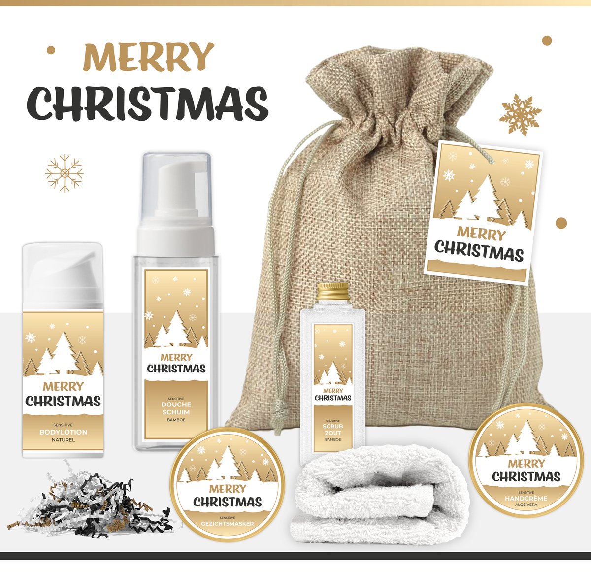 Goedkoopste Geschenkset “Merry Christmas!” - 6 producten - 550 gram | Wellness Kerstpakket - Speciaal Kerstcadeautje voor jou - Cadeau Pakket Kerst - Bedankt Kerstpakket - Fijne Kerstdagen Feestdagen - Medewerker Vrijwilliger Collega Vriendin Moeder - Goud Zwart