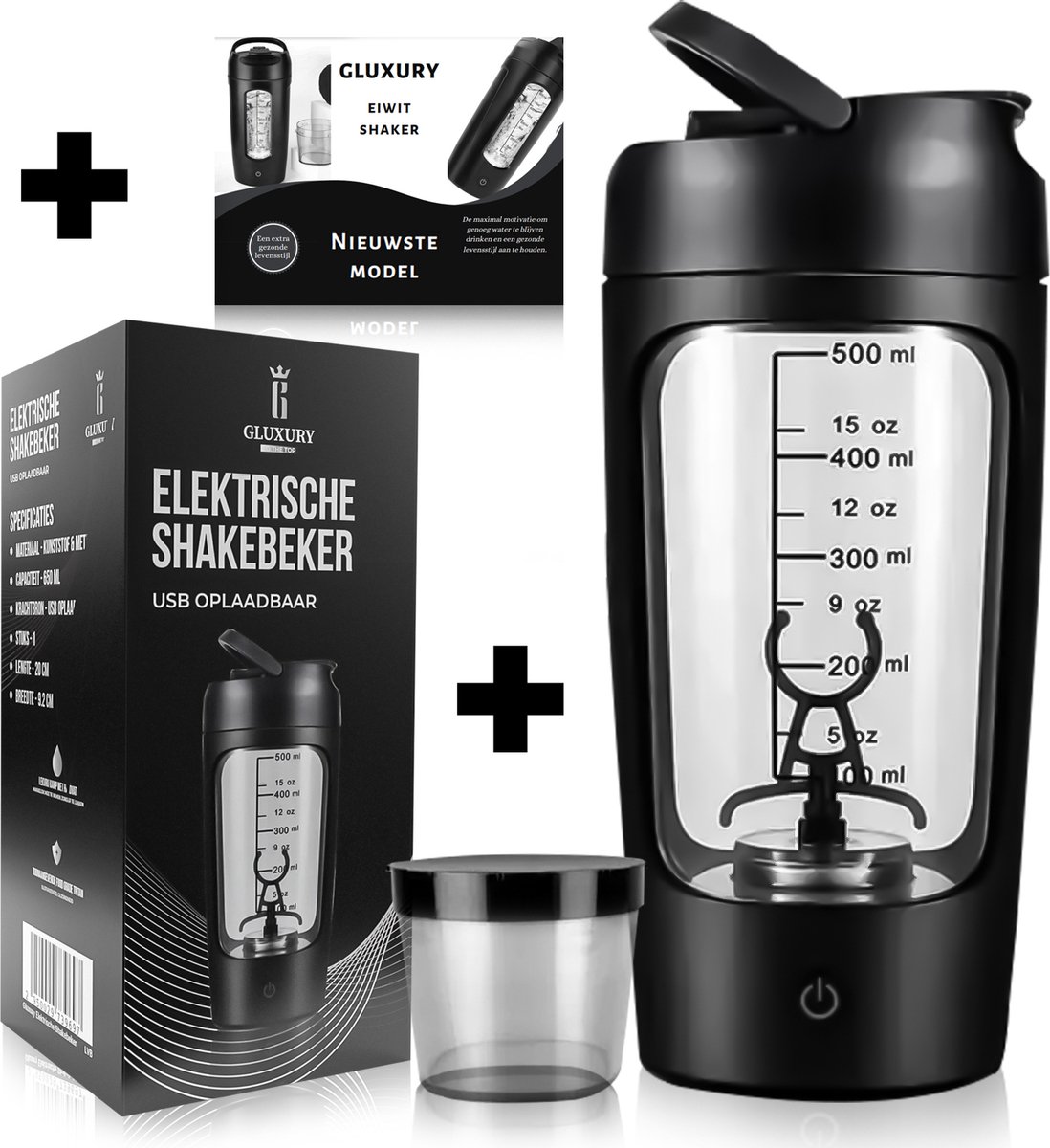 Goedkoopste Gluxury® Elektrische Shakebeker- Met Mixer - Lekvrije Proteïne Shaker - Proteïne Shaker Bottle - USB-C Oplaadbaar - Blender to go - 650ML - Zwart