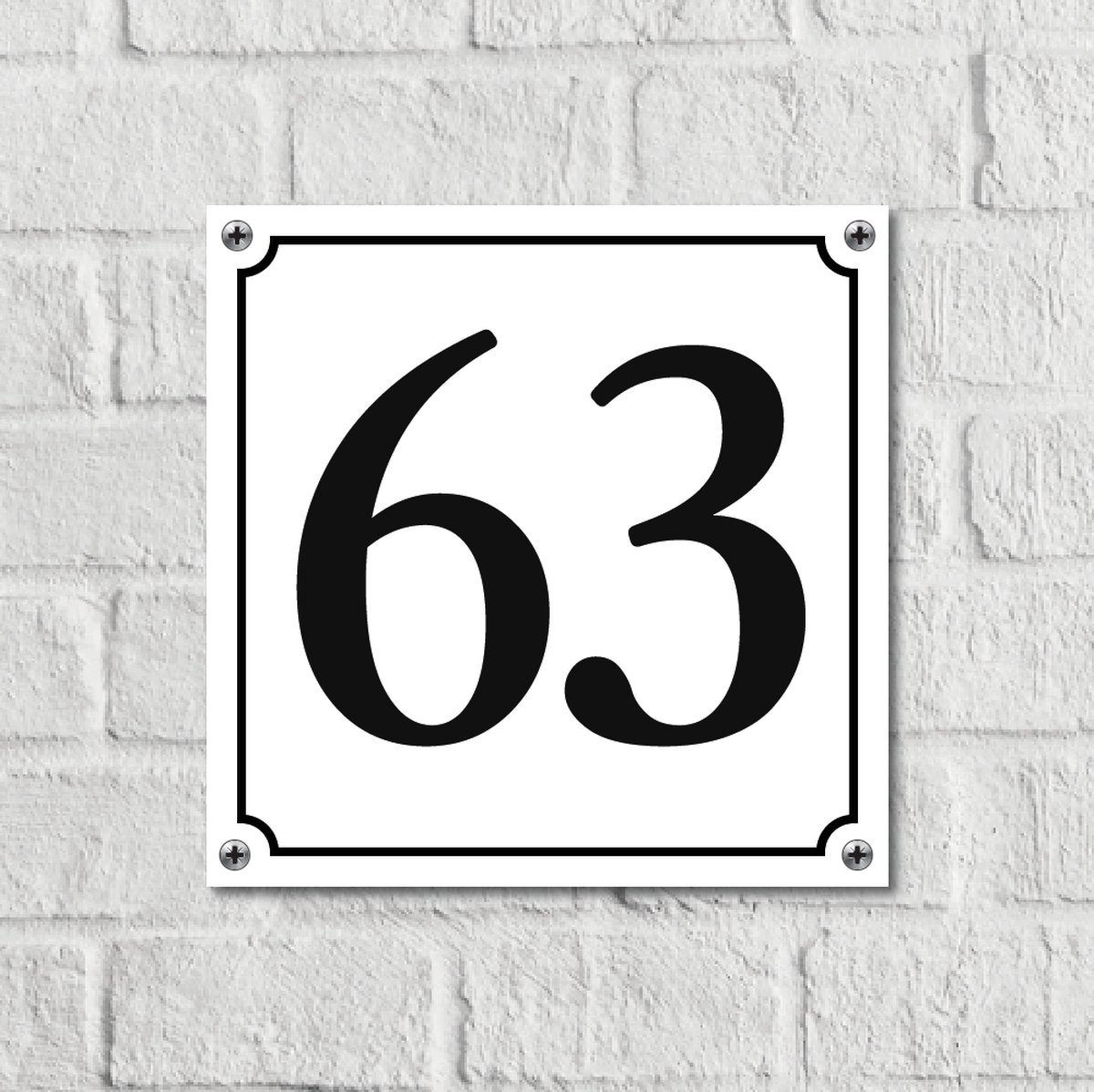 Huisnummerbord Wit Dibond Deluxe - Nummer 63 - incl. bevestiging | - naambord - nummerbord - voordeur | formaat 12 x 12 cm | - huisnummerbordje - nummerbord - voordeur