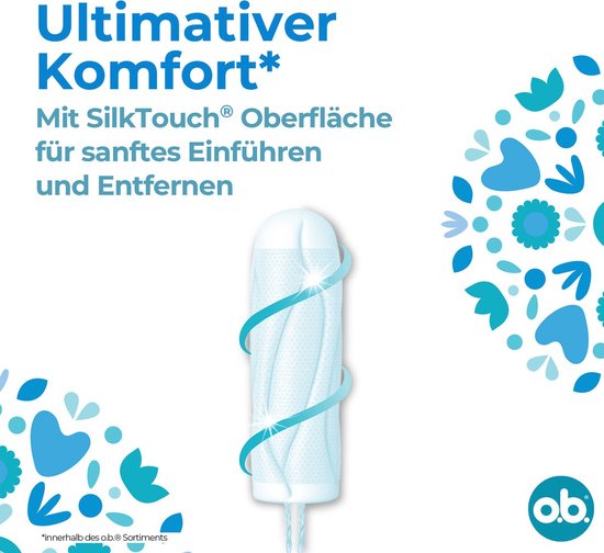 Tampon met blauwe spiraallinten. "Ultimativer Komfort* Mit SilkTouch® Oberfläche für sanftes Einführen und Entfernen".
