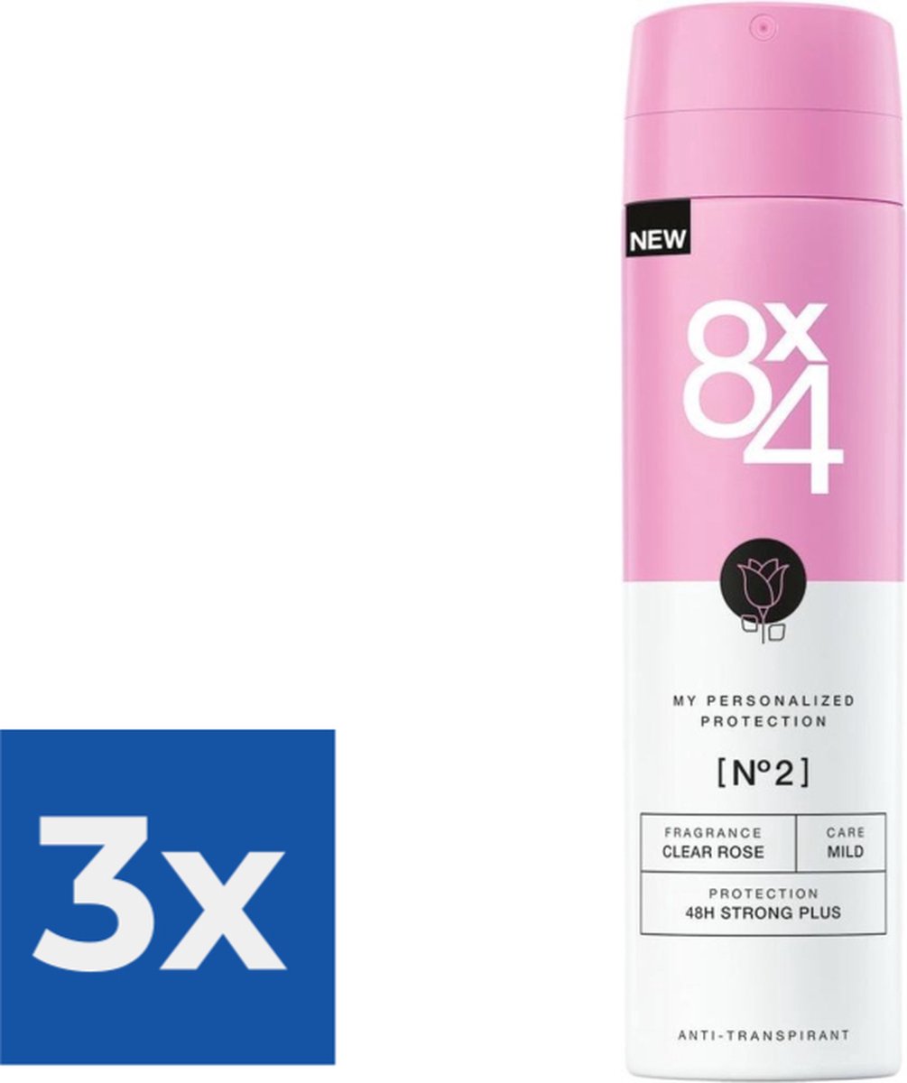 8x4 Deodorant Spray No 2 Clear Rose 150 ml - Voordeelverpakking 3 stuks