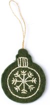 Hanger Vilt Kerstbal Plat - Geborduurd - Holly Berry - 8cm - Fairtrade