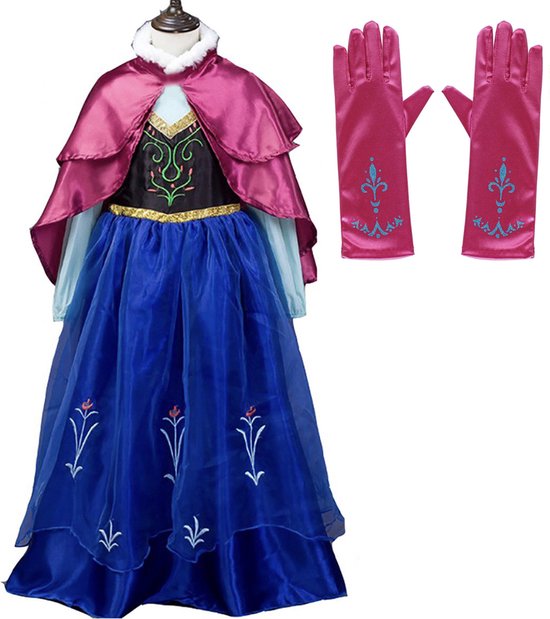 Robe princesse fille - La Reine des Neiges - Robe Anna bleu cape rose 146/152 (150) + gants princesse rose - Déguisement fille - Robe Anna