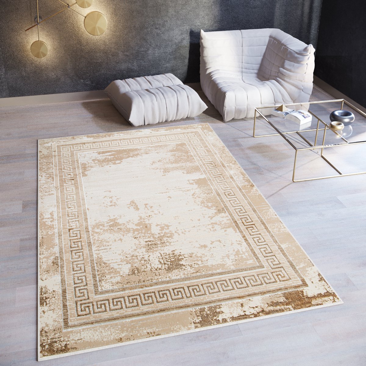 Tapiso Ares Vloerkleed Beige Bruin Laagpolig Woonkamer Frame Oriental Tapijt Maat- 80x150