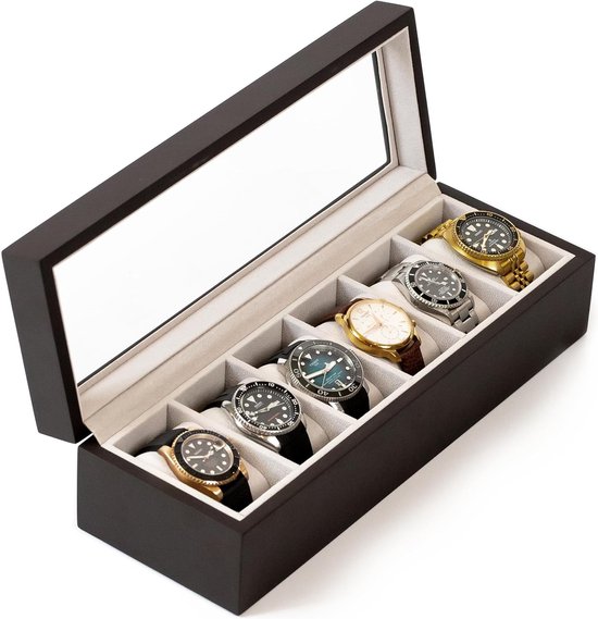Luxe houten horlogebox voor 6 horloges, met glazen venster.