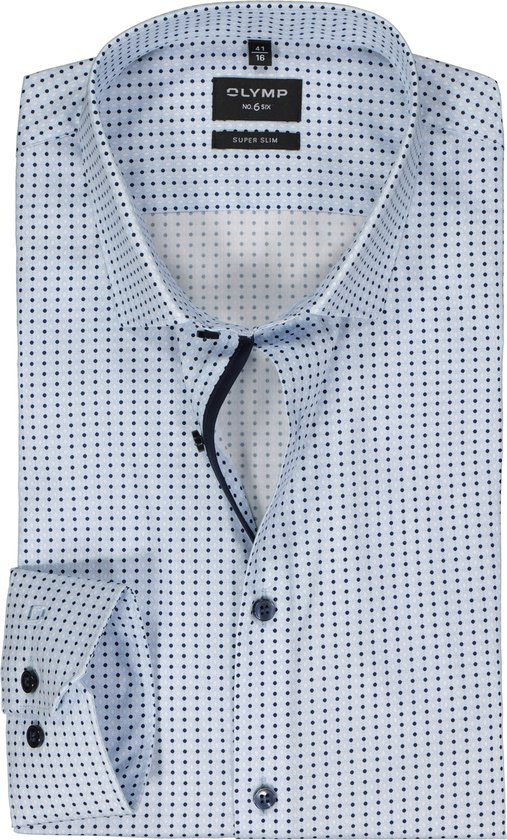 OLYMP No. 6 Six super slim fit overhemd - popeline - lichtblauw met wit en donkerblauw dessin - Strijkvriendelijk - Boordmaat: 42