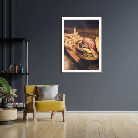 Poster Burger Plank Rechthoek Verticaal Met Lijst XL (50 X 70 CM) - Witte Lijst - Wanddecoratie - Posters