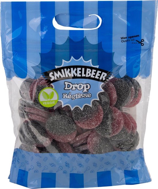 Zak met Smikkelbeer Drop Réglisse snoepjes, rood met zwarte suikerrandjes.