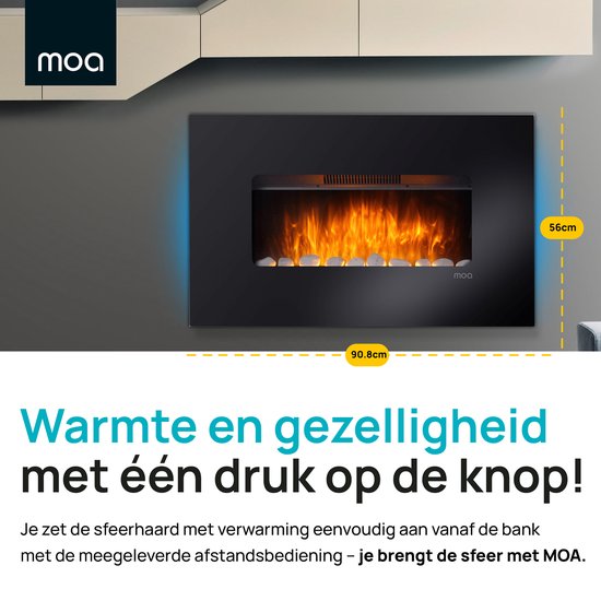 Zwarte elektrische haard met vlam- en gloedeffect, 90.8cm breed, 56cm hoog. Met afstandsbediening.
