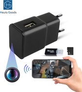 Heuts Goods - Adaptateur Caméra Spy - Caméra Cachée - Caméra Spy - WiFi avec App - Incl. Carte Micro SD 64 Go et Lecteur de Carte - FULL HD 1080P - Vision Nocturne - Détection de Mouvement - Zwart