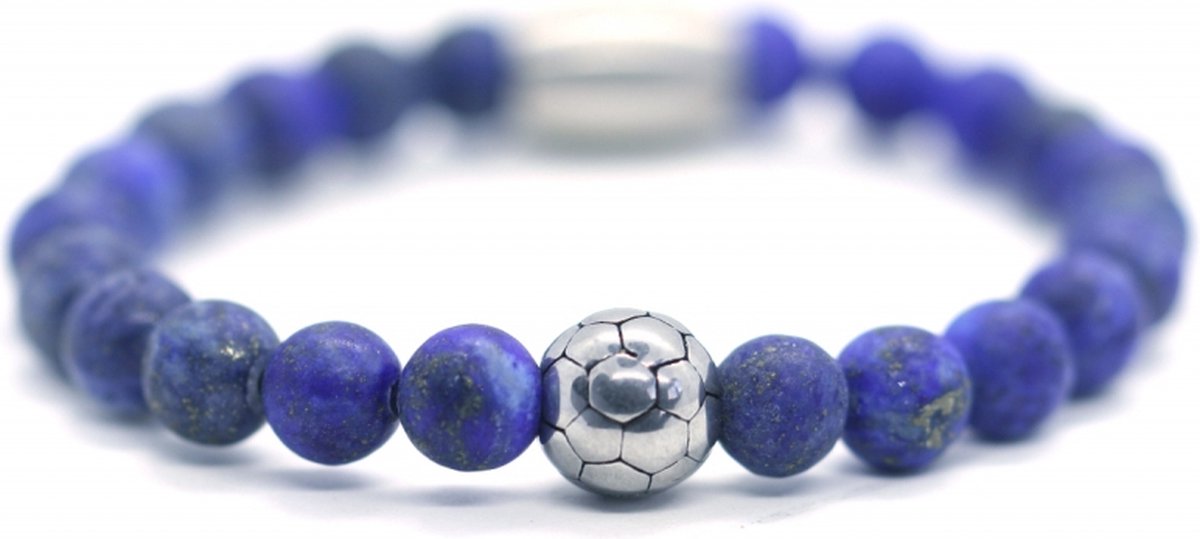 IbizaMen KIDS - Jongens - armband - Lapis Lazuli - voetbal - RVS - 6mm - 15cm