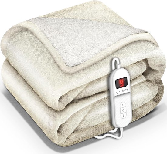 Sinnlein- Elektrische deken met automatische uitschakeling, beige, 180x130 cm, warmtedeken met 9 temperatuurniveaus, knuffeldeken, wasbaar