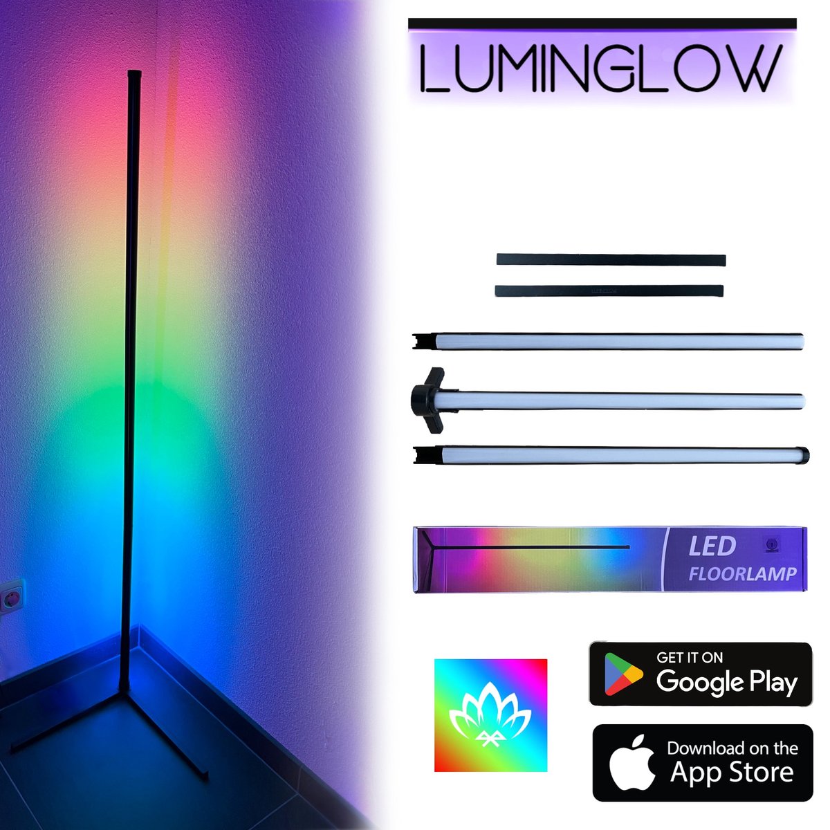 LuminGlow Vloerlamp - Smart hoeklamp - Staande Lampen - LED RGBW Dimbaar - BlueTooth App - Verjaardag - Valentijn Cadeau voor Hem Haar - Gaming Lamp - Zwart